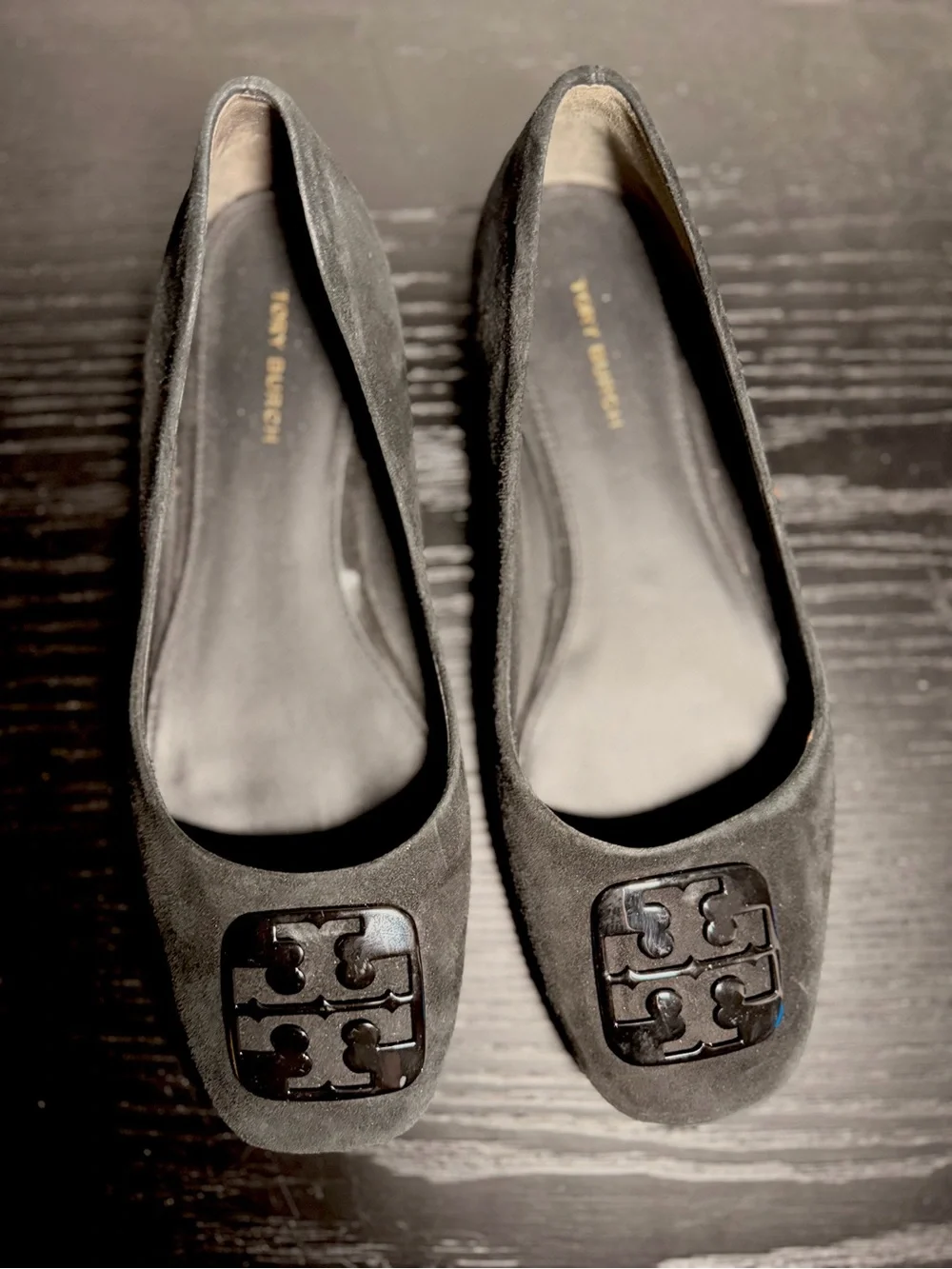 Tory Burch Black Suede Logo Plaque Ballet Flats